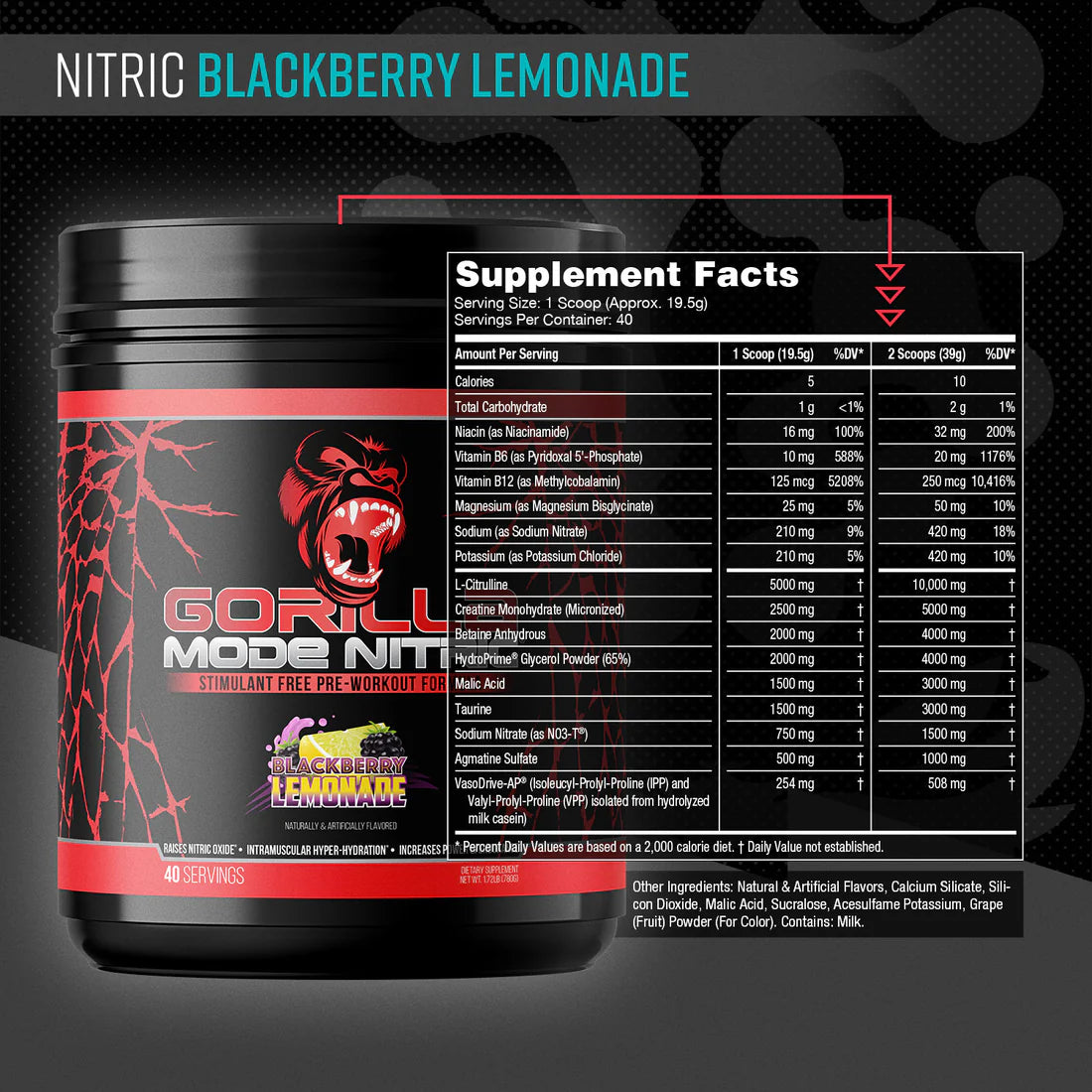 Gorilla Mode Nitric (NONSTIM) Pre - 40 Servings - Strength, Mass, Circulation, Power, Muscle