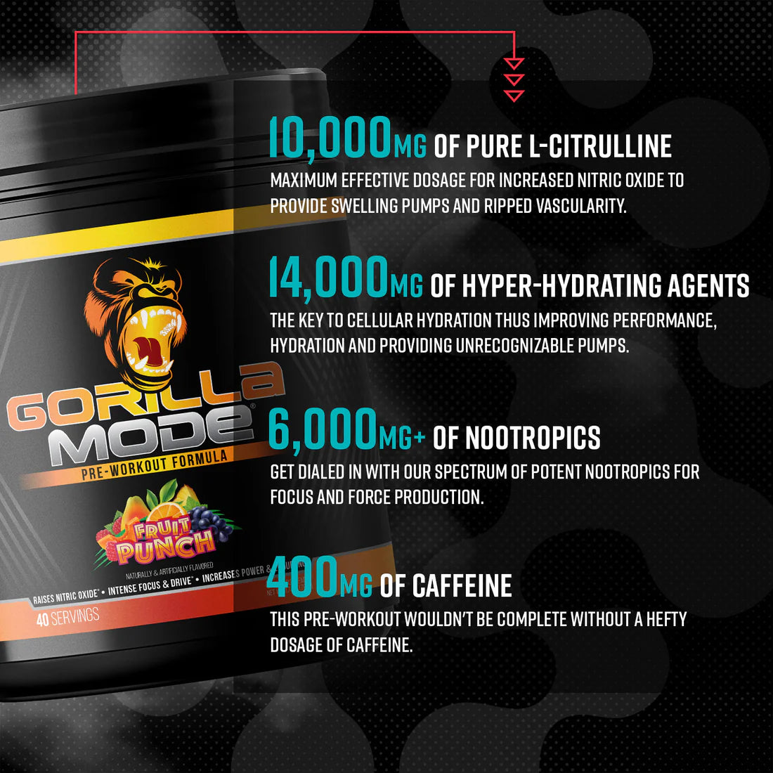 Gorilla Mode 2.0 Red Pre - 40 Servings - Strength, Energy, Muscle Power, Mass
